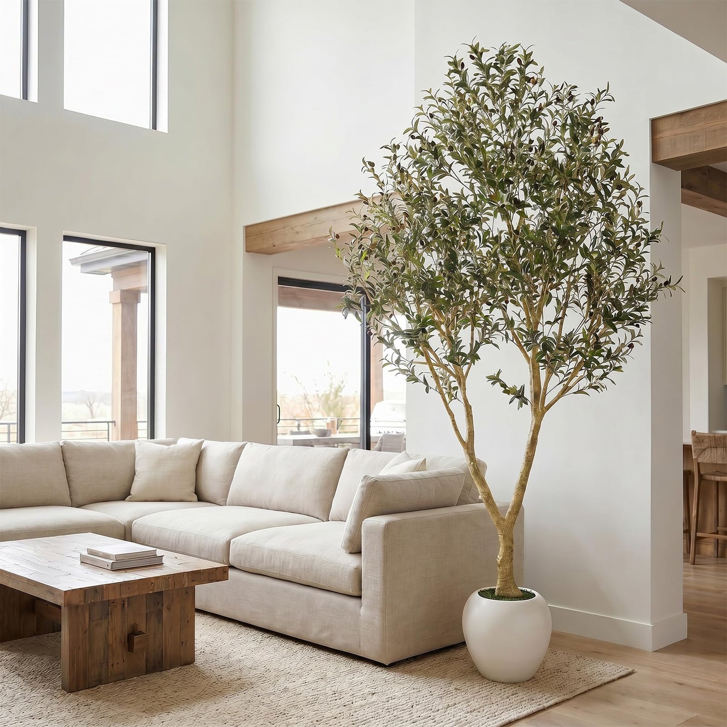 PHYTREE 9ft Artificial Olive Tree with White Planter Included - Large Indoor Floor Plant with Natural Trunk and Fruit Accents for High-Ceiling Living Room and Hallway Corner