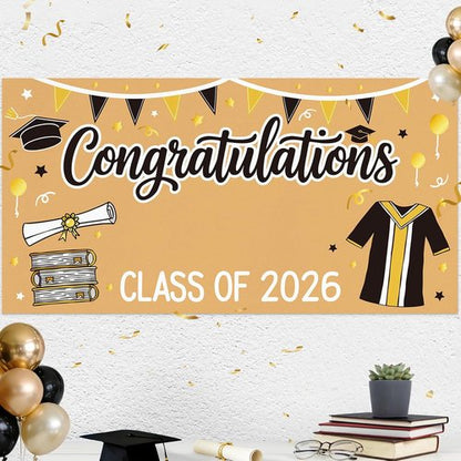 2026 Graduation Decorations | Black and Gold DIY Banner - 61 x 32 Inch Congrats Photo Backdrop