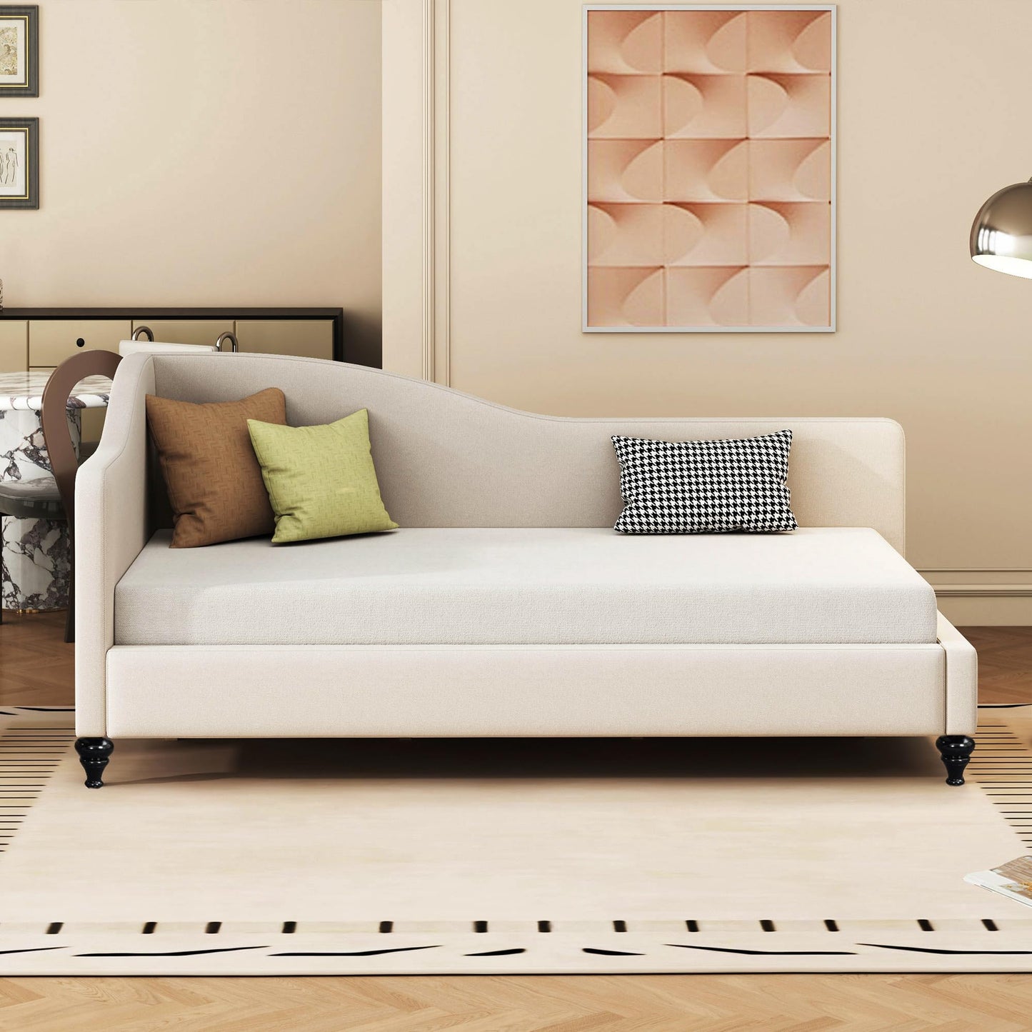 Merax Twin Size daybed, L-Shaped Linen Daybed Corner Sofa with Solid Wood Legs for Living Room & Guest Room, No Box Spring Needed, Beige