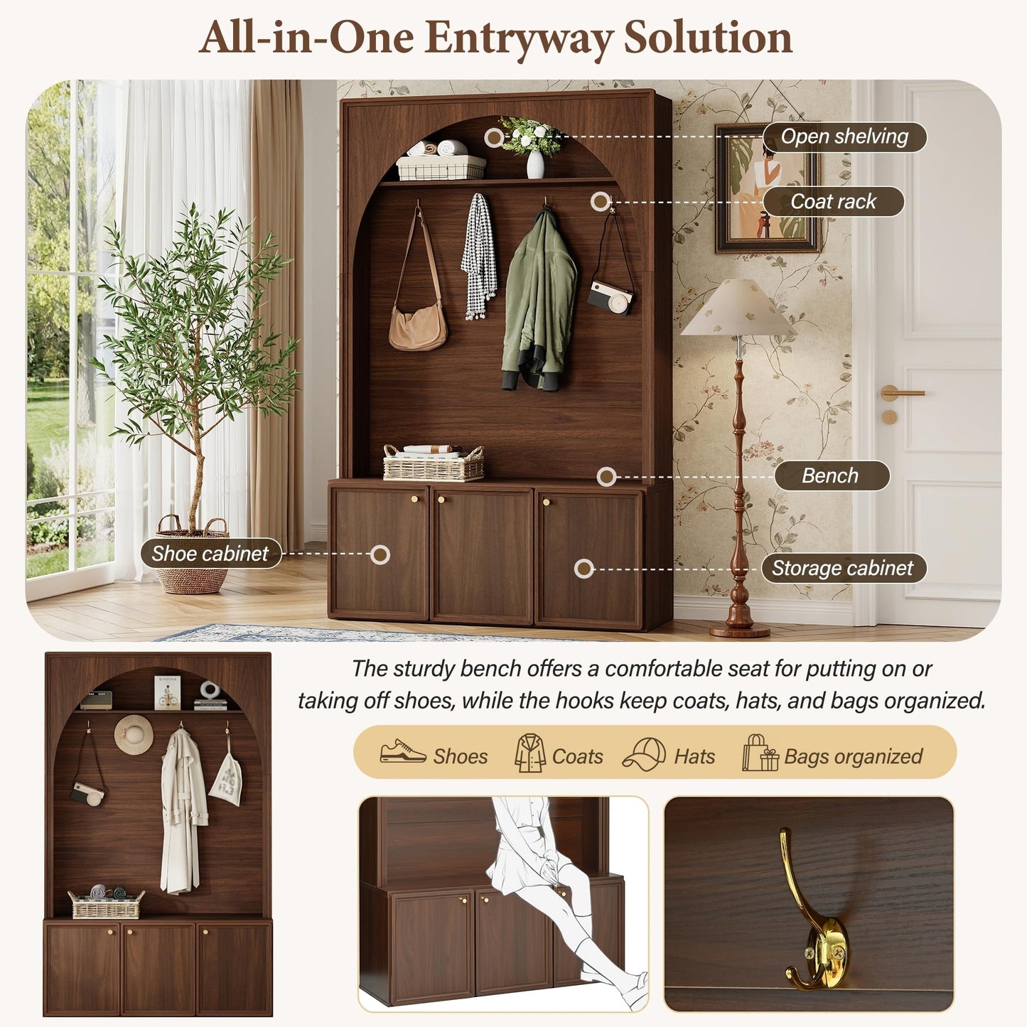 roomfitters Modern Arched Entryway Hall Tree with 3 Storage Cabinets, Upper Shelf and Coat Hooks for Mudroom, Walnut