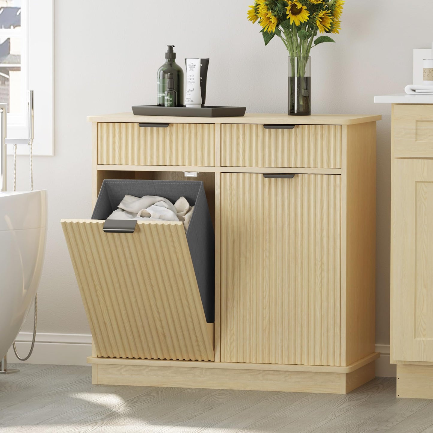 Mepplzian Natural Double Tilt Out Laundry Hamper Cabinet Laundry Basket Cabinet Hidden Laundry Hamper with 2 Drawers & 2 Baskets for Bathroom Bedroom,30x30x16in