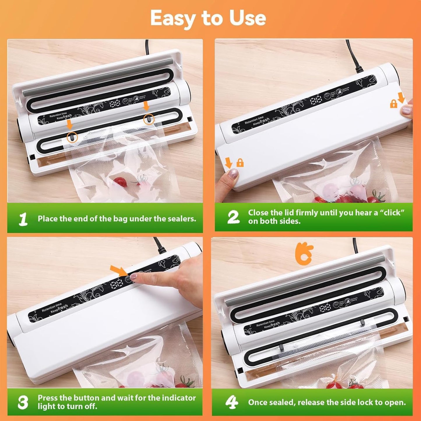 Food Saver Vacuum Sealer Machine, 75KPA Strong Suction for Dry/Wet Foods, Digital Countdown Timer, Compact Design with LED Lights, Includes 20 Vacuum Seal Bags, Ideal for Home Kitchen Use