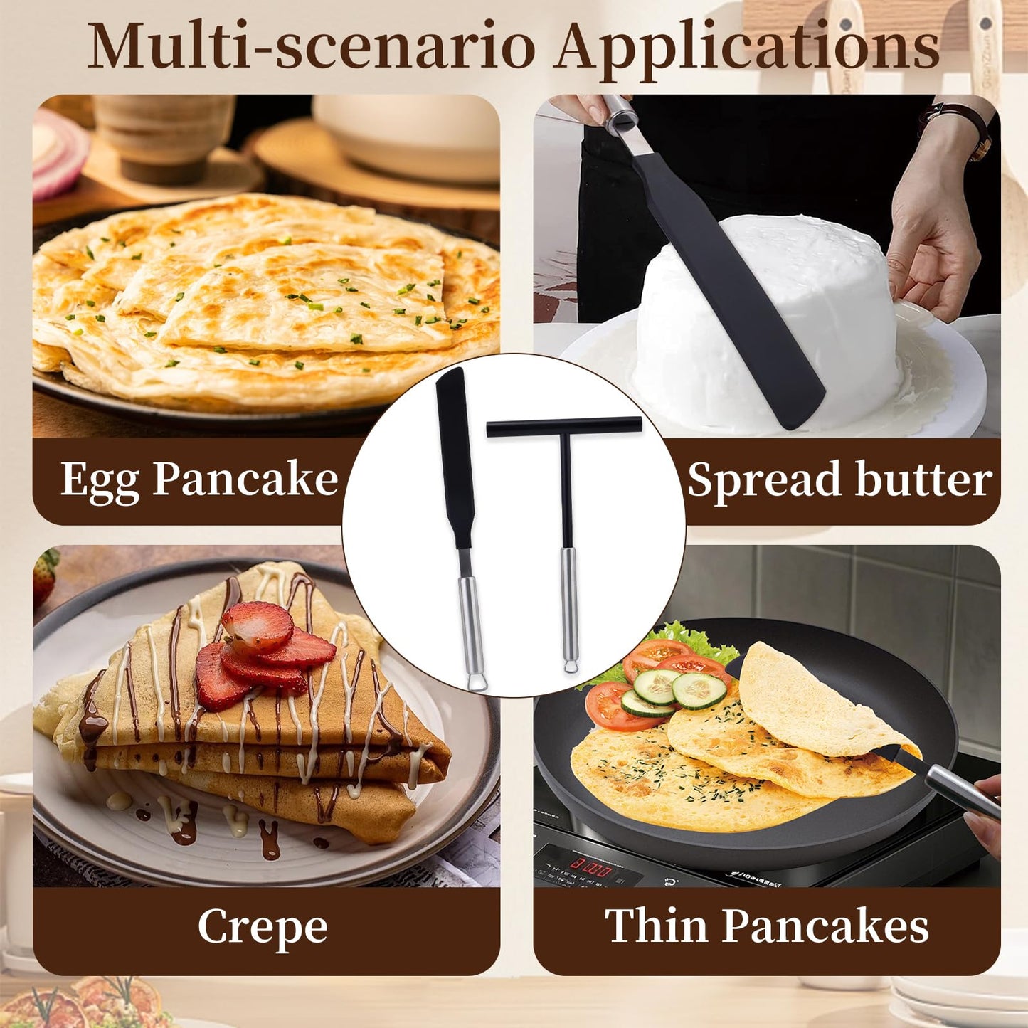 2Sets Crepe Spreader Spatula Kit - 4Pcs Total, Non-Stick Nylon Pancake Tools with Stainless Steel Handles, Non-Scratch for Home Use, Multipurpose for Breakfast, Thin/Egg/Corn Pancakes (Black)