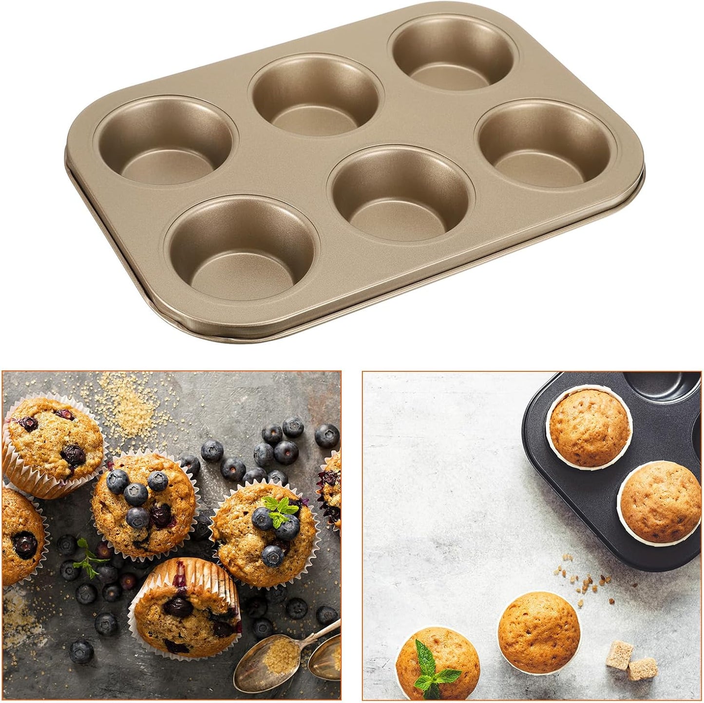 uxcell 6-Cup Non-Stick Cupcake Pan, Round Carbon Steel Baking Molds for Muffins and Cakes, Gold