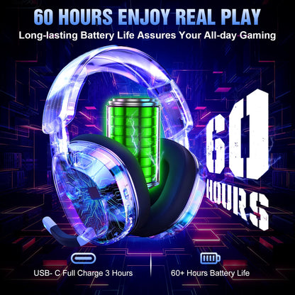 YPBDAN Wireless Gaming Headset for PS5 PS4 PC Switch Mac - RGB Over-Ear Headphones with Noise Cancelling Mic, 60H Playtime, 7.1 Surround Sound, Bluetooth 5.4 & Memory Foam Ear Cushions
