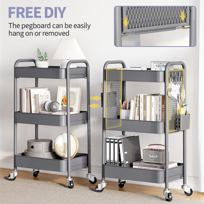 TOOLF 3 Tier Rolling Cart Storage Organizer, Metal Rolling Utility Cart with Wheels, Hooks & Bins Esthetician Craft Art Sturdy Storage with Pegboard for Bathroom, Kitchen, Office, Nursery Diaper