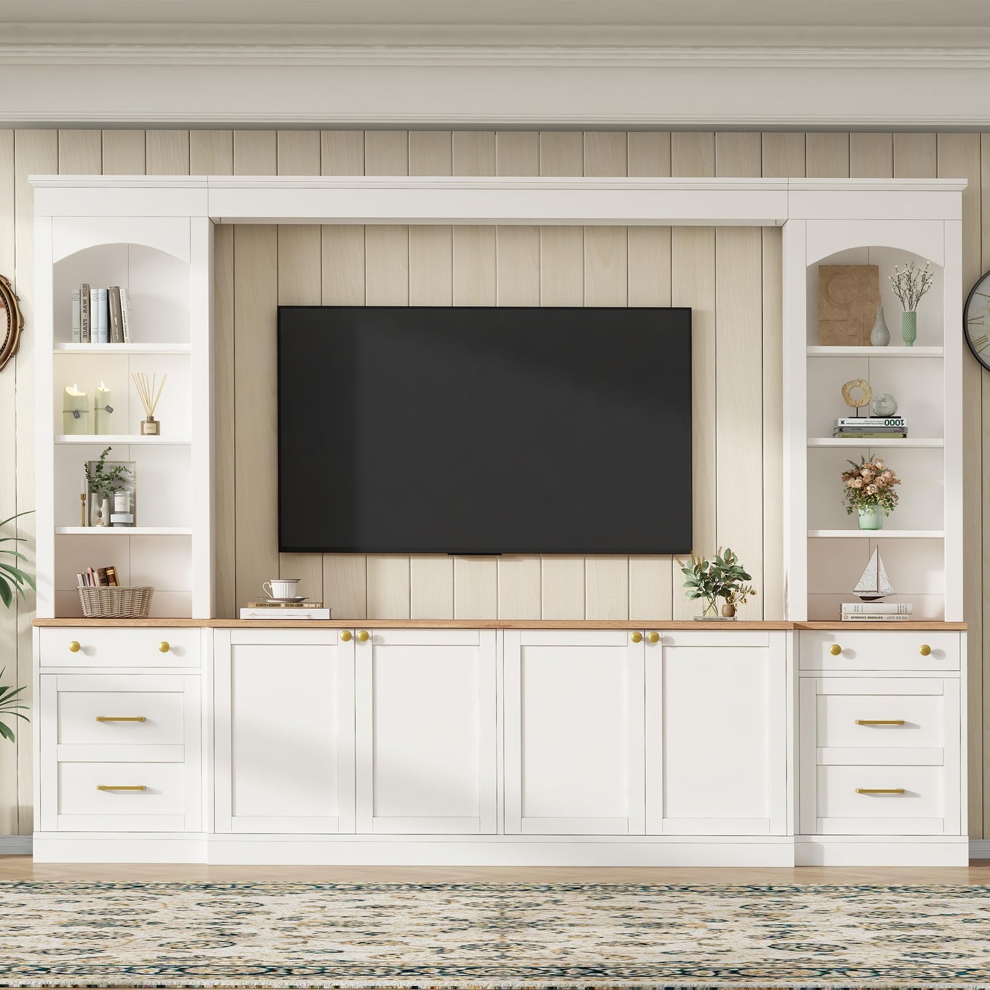Merax Farmhouse 106-Inch Arched Entertainment Wall Unit Set with Adjustable Shelves, TV Stand for Televisions Up to 70'', Mid-Century Large Media Console with Drawers for Living Room, White