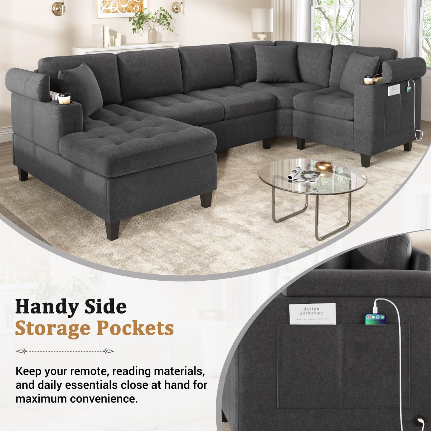 Merax 115.7" U-Shaped Chenille Sectional Sofa, 4 Seat Corner Couch Oversized with Built-in Cup Holders, 3 Pillows, Storage Space for Living Room, Grey