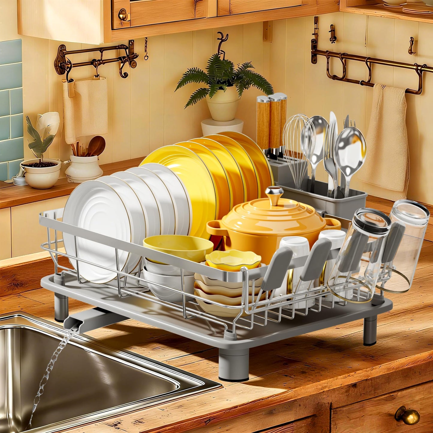 MOUKABAL Dish Drying Rack, Dish Rack, Stainless Steel Dish Racks for Kitchen Counter, Dish Drainer with Removable Utensil Holder, Drainboard (Grey,Stainless Steel,13''W x 17''L)