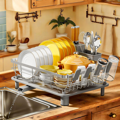 MOUKABAL Dish Drying Rack, Dish Rack, Stainless Steel Dish Racks for Kitchen Counter, Dish Drainer with Removable Utensil Holder, Drainboard (Grey,Stainless Steel,13''W x 17''L)