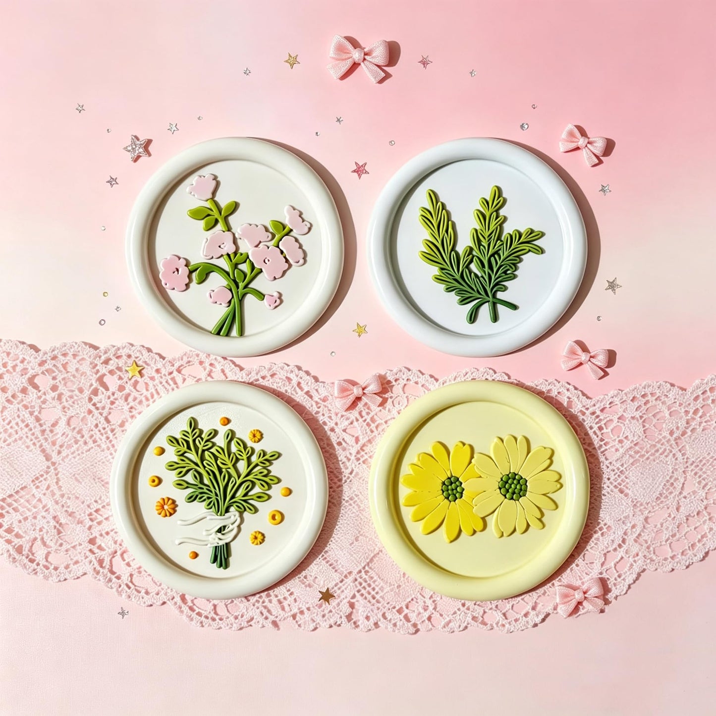 DBEFTLI 4-Piece Botanical Wax Seal Stamp Set – Interchangeable Solid Brass Heads & Wooden Handle – Vintage Floral Collection (Eustoma, Rosemary, Daisy, Tied Bouquet) in Gift Box for Weddings & DIY