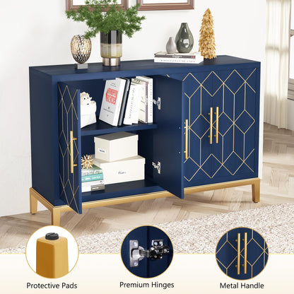 HLR 48" Accent Cabinet with 4 Doors and Shelves, Modern Credenza Storage Cabinet with Gold Trim, Sideboard Buffet for Living Room, Kitchen, Dining Room, Hallway, Blue