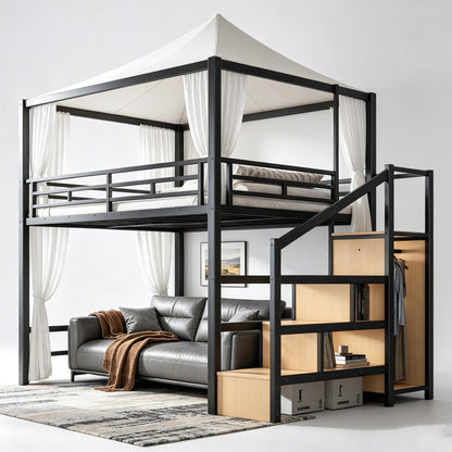 Bellemave Queen Size Loft Bed with Stairs and Wardrobe,Heavy Duty Metal Loft Bed Frame with Canopy for for Kids,Teens,Adults,Natural Wood