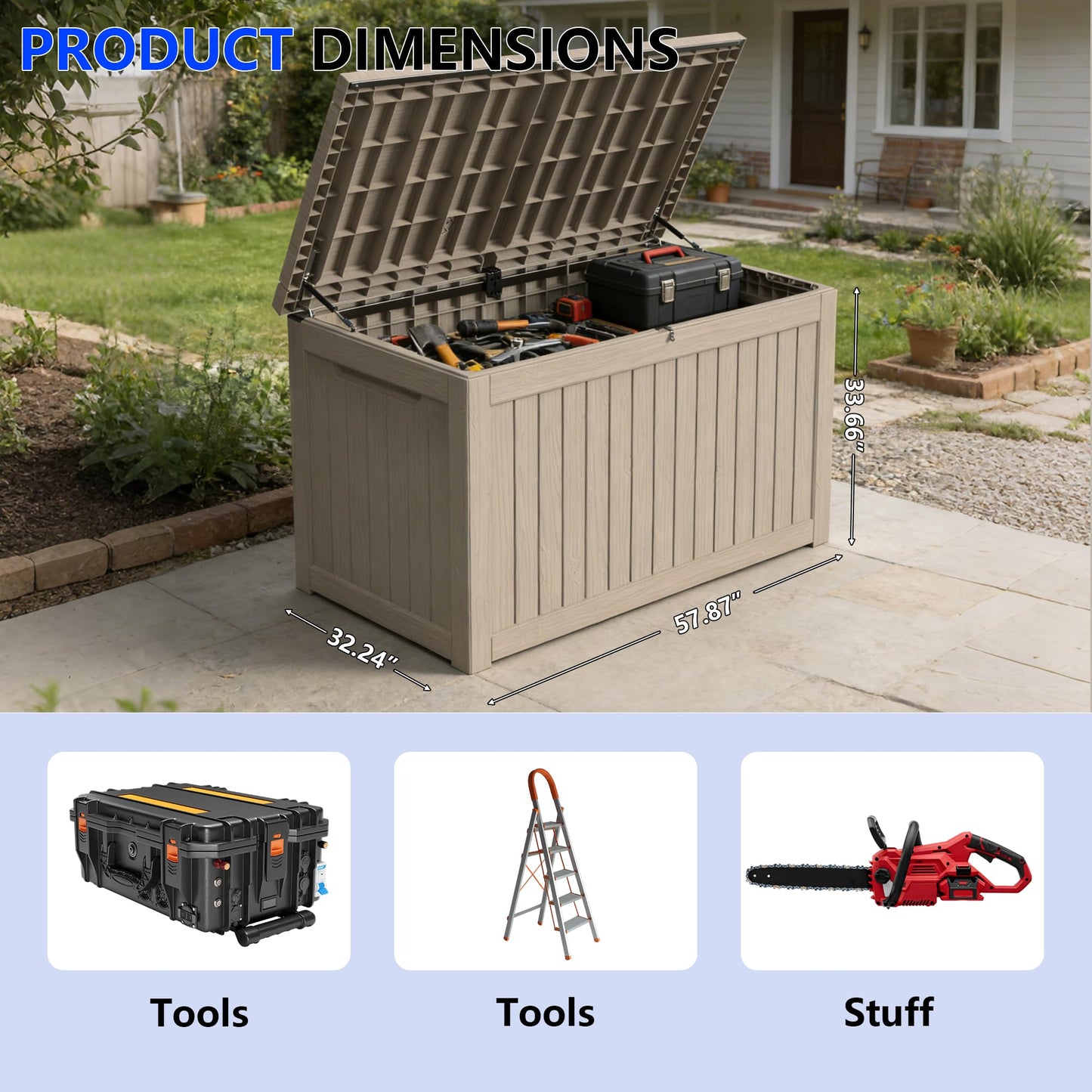 Decksplore 270 Gallon Outdoor Storage Box Resin Deck Box All Weather Waterproof Large Lockable Storage Container Deck Box for Patio Furniture, Garden Tools, Lockable, Grey