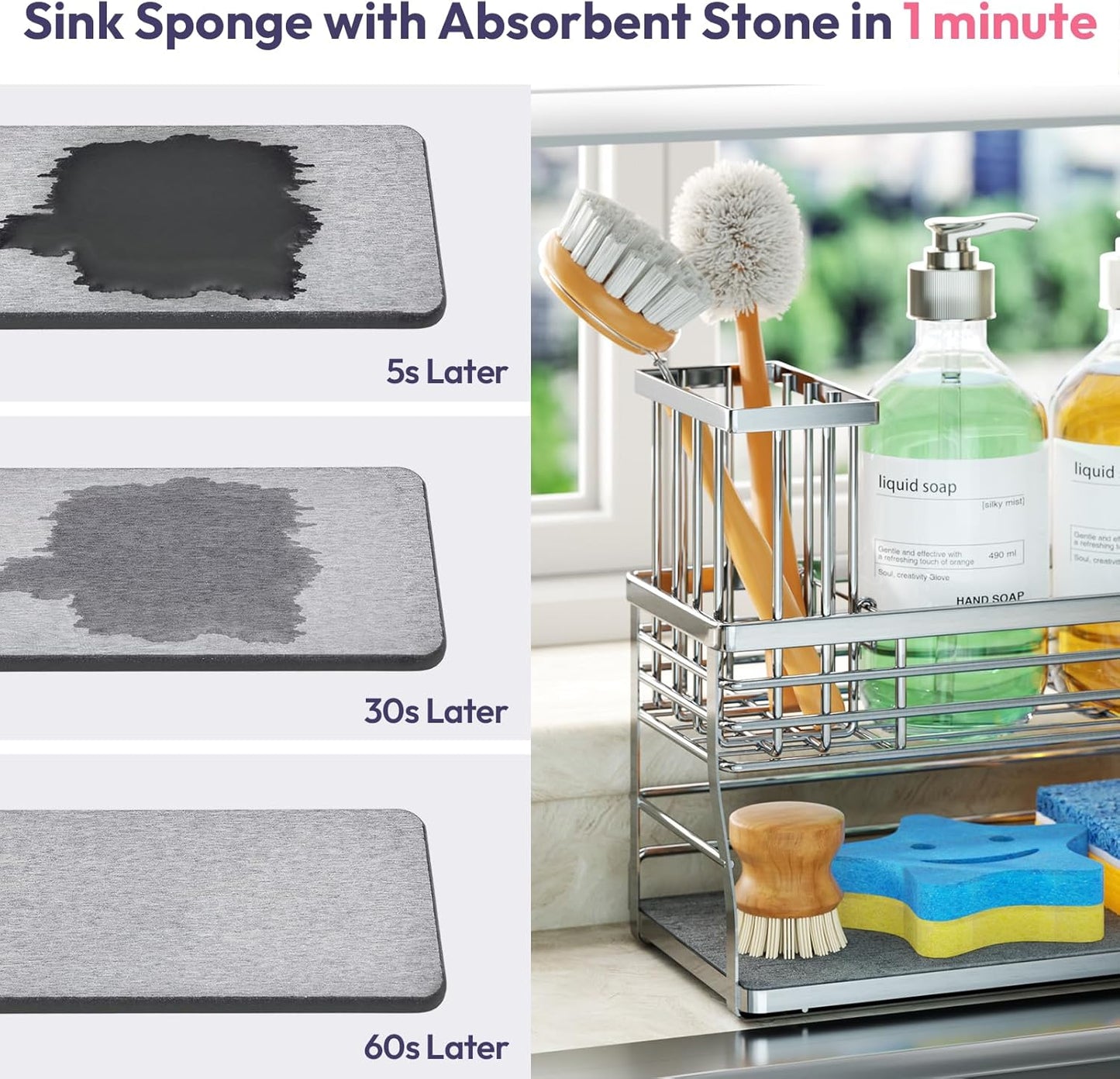 2 Countertop, SWTYMIKI Kitchen Sink Caddy Organizer, Tier Sponge Holder for Kitchen Sink with Instant Drying Stone