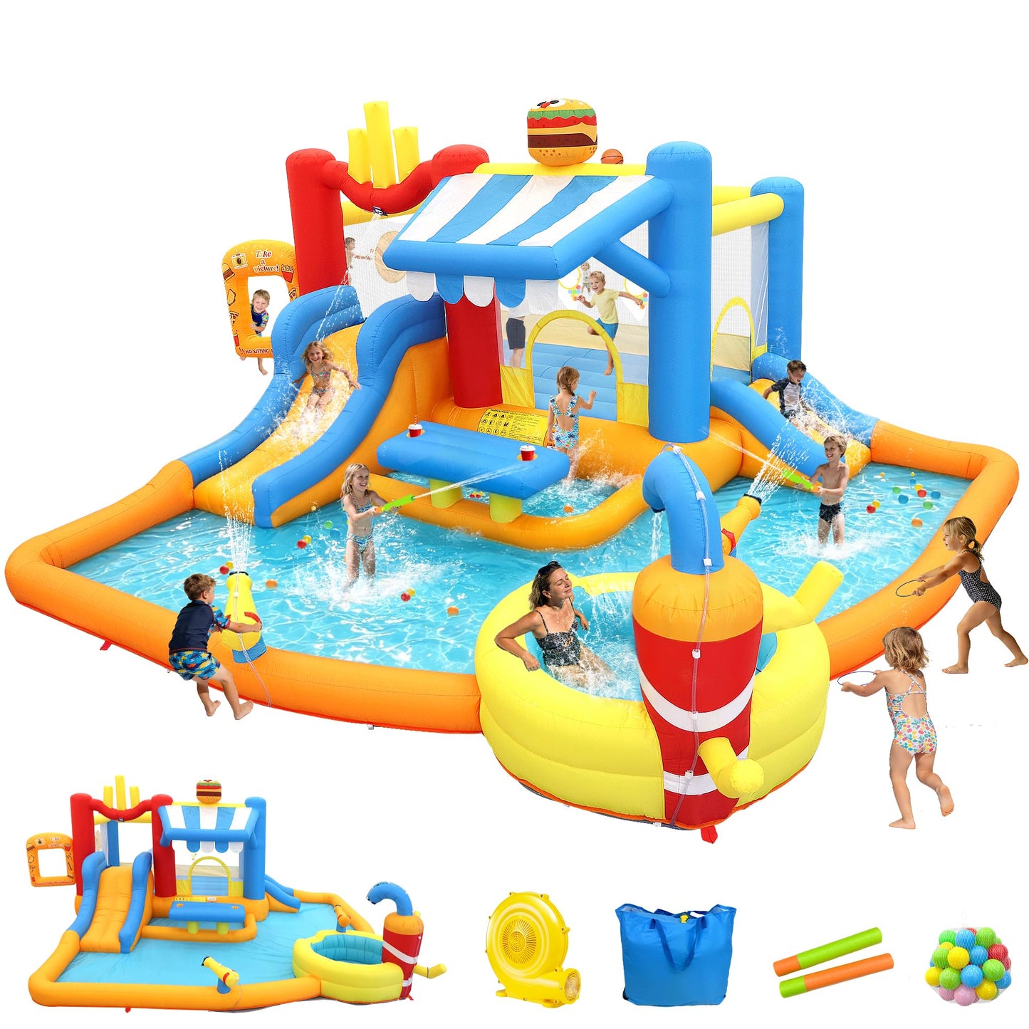 Large Inflatable Water Slide Park for Big Kids, 13-in-1 Bounce House Water Slide with Double Slides, Blower, Splash Pool, Deep Pool, 16X15X7.7ft Burger Theme Party Outdoor Backyard Blow Up Water Slide