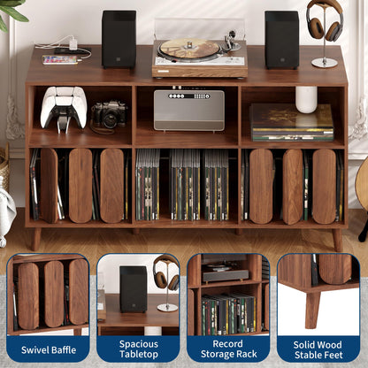 SLEKVERSA 55'' Vinyl Record Player Stand with Charging Station - Mid Century Modern Record Storage Cabinet w/6 Compartments, 2 USB Ports & Outlets - Turntable Table for Living Room