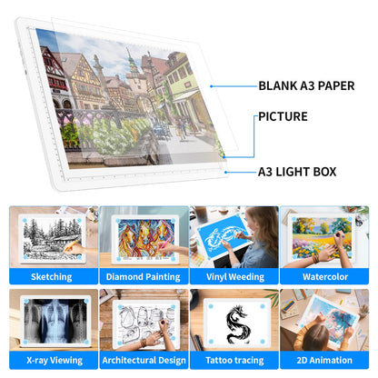 Heanolier Rechargeable A3 Light Box Drawing Pad,5600 Lux Bright Magnetic Tracing Board,Dimmable Light Pad,3 color modes,light board for Diamond painting,light table for Drawing Sketching,Tattoo(White)