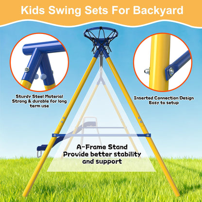 SMkidsport Heavy-Duty 5-in-1 Metal Swing Set for Backyard, Outdoor Playset for Kids 3-12 with Slide, 2 Swings, Basketball Hoop & Gymnastic Rings, Easy Assembly
