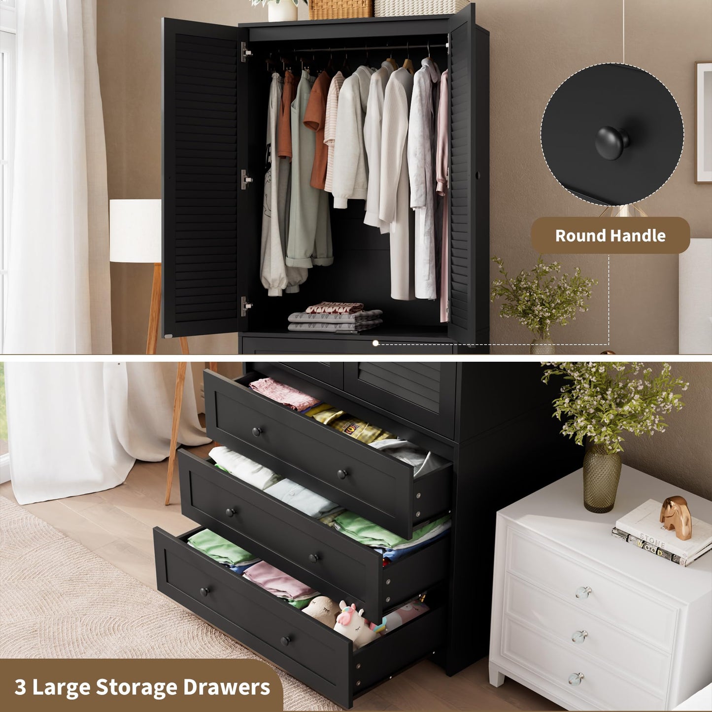 GarveeHome Armoire Wardrobe Closet with 3 Drawers, 69.5" Wooden Wardrobe Cabinet, Hanging Rod, 2 Doors Clothing Storage Cabinet for Bedroom, Large Capacity Storage, Louvered Door, Black