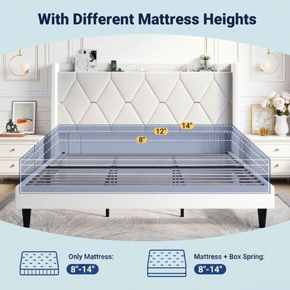 Allewie Velvet King Size Upholstered Bed Frame with Wingback Storage Headboard & Charging Station, Platform Bed with Diamond Tufted Design & Gold Trim, No Box Spring Needed, Easy Assembly, White