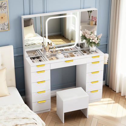 Fkhouse Glass Top Vanity Desk with Foldable Mirror and Lights, 11 Drawers Makeup Vanity with Charging Station, 3 Lighting Modes Dressing Table with Chair, White