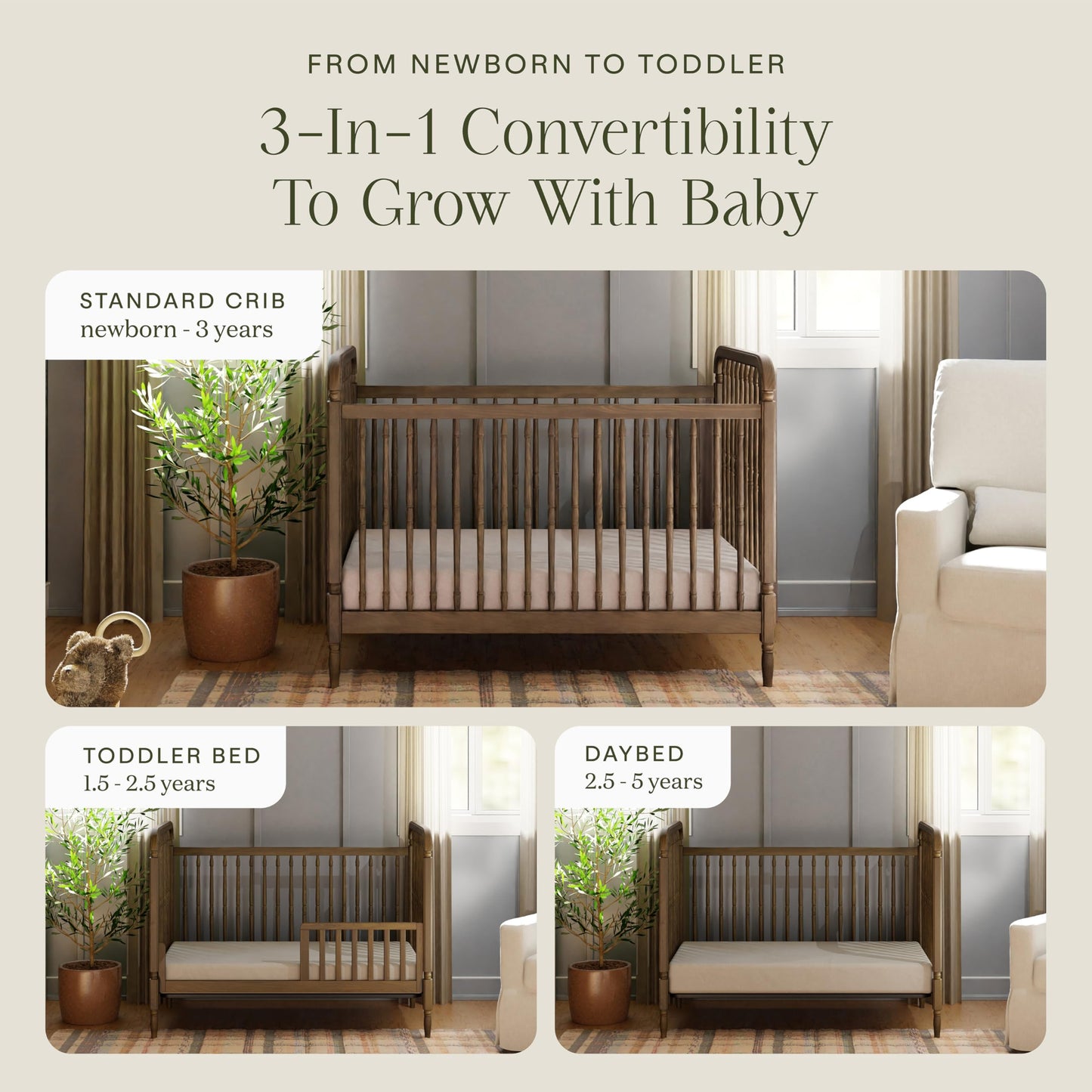 Namesake Liberty 3-in-1 Convertible Spindle Crib with Toddler Bed Conversion Kit in Natural Walnut, Greenguard Gold and FSC® Certified