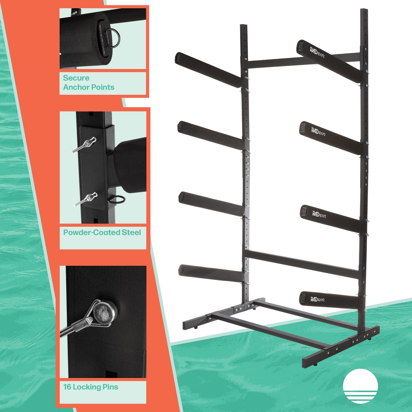 RAD Sportz Kayak Storage Rack - 4-Level Freestanding Adjustable Stand with Padded Arms and 400lb Capacity for Canoes, SUP, or Paddleboards (Black)