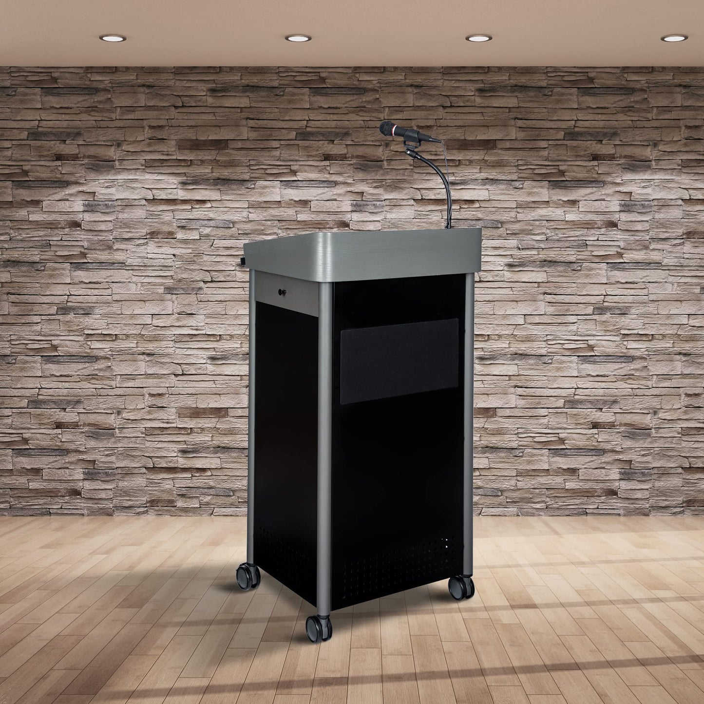 OEF Furnishings CoreSound Media Series Floor-Standing Mobile Lectern (No Microphone, AC Powered, Charcoal Finish)