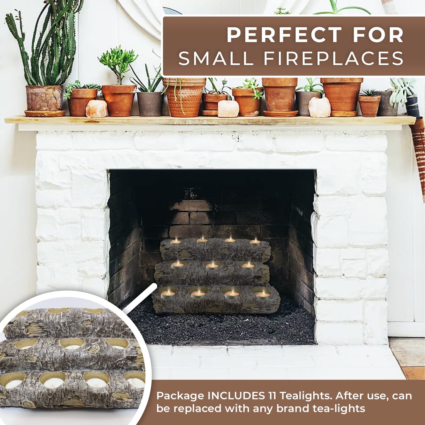 Castaway Faux Fireplace Logs Candle Holder — Realistic Rustic Wood Log Centerpiece with 12 Tea Light Candles, Safe, Smoke-Free ambiance, Authentic Wood Texture, and and Low Maintenance
