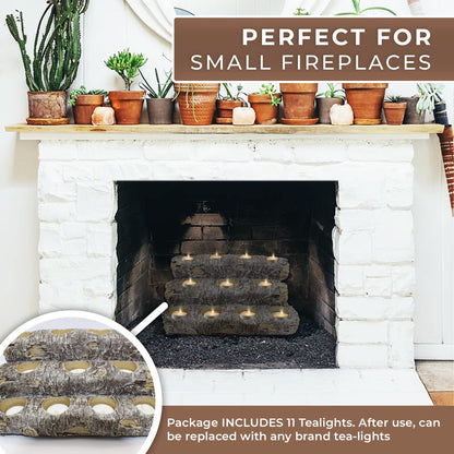 Castaway Faux Fireplace Logs Candle Holder — Realistic Rustic Wood Log Centerpiece with 12 Tea Light Candles, Safe, Smoke-Free ambiance, Authentic Wood Texture, and and Low Maintenance