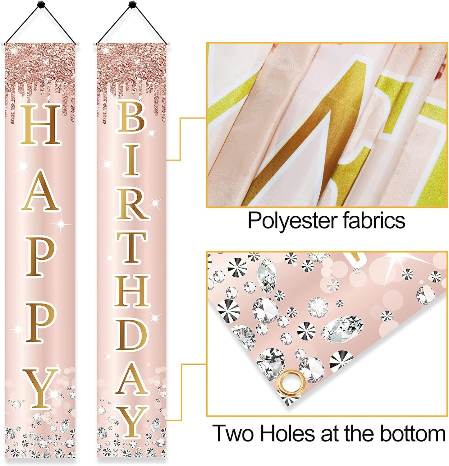 Pink Rose Gold Happy Birthday Door Banner Decorations, Birthday Party Porch Sign Supplies for Women Girls, Sweet 16th