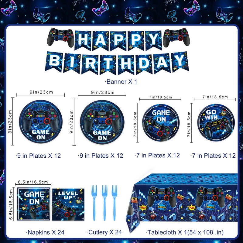 Video Game Birthday Decorations, Level Up Party Supplies Includes Plates, Napkins, Forks, Banner, Tablecloth for Boys Gamer Birthday Party Decorations, Serves 24