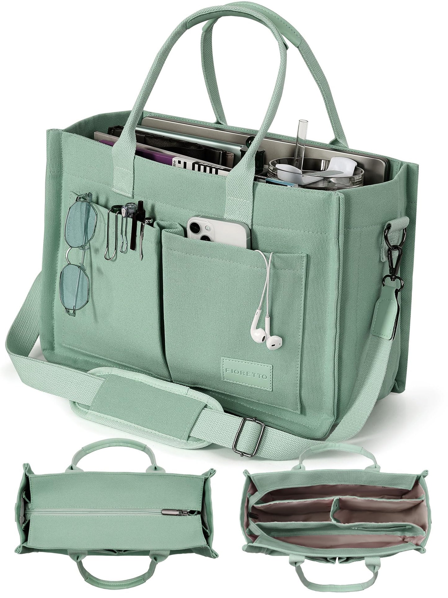 FIORETTO Canvas Tote Bag for Women with Zipper Closure & Individual Compartments for Work College, Crossbody Laptop Tote Purse Handbag with Detachable Strap & Bottom Support for Teacher & Nurse Green