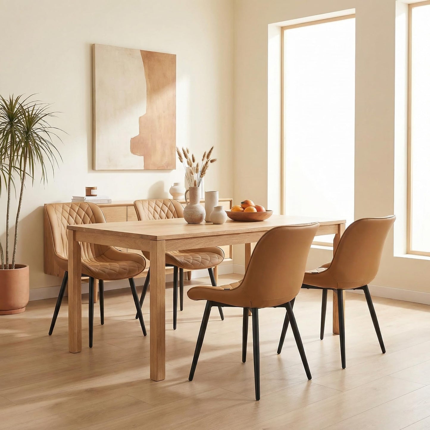 YOUNIKE Tan Faux Leather Dining Chairs Set of 2 Mid-Century Modern High Padded Back Comfy Upholstered Kitchen Chairs with Metal Legs Wide Seat Accent Side Chair for Dining/Living/Waiting Room