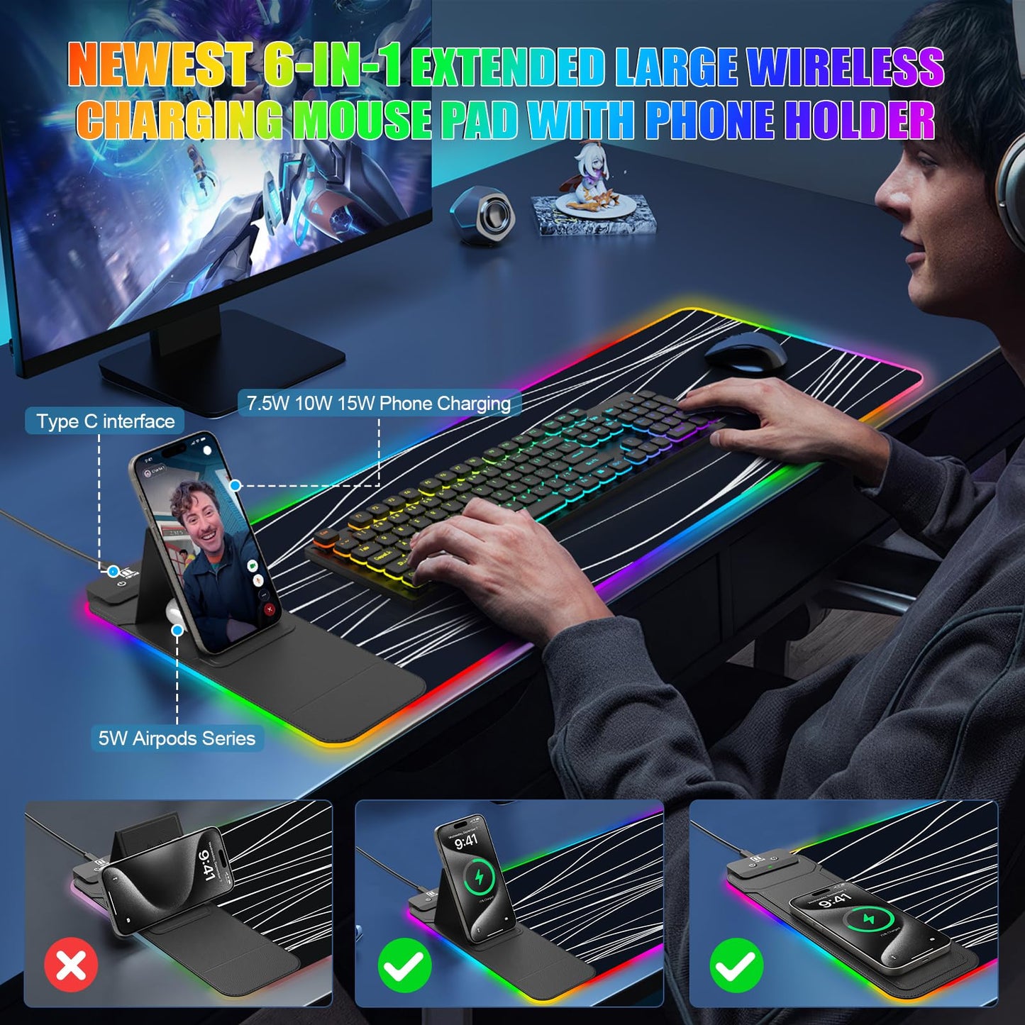 Mouse Pad with Wireless Charging, Large Desk Mat RGB Gaming Mousepad, 10 Light Colors LED Gaming Pad Keyboard Pad with Ultra-Smooth Surface & Non-Slip Rubber Base, Waterproof Full Desk Mouse Pad
