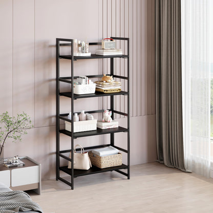 BHG Vintage Multifunctional Folding Bookshelf, No-Assembly Plant Stand Storage Rack Shelves for Home Office (All Black, 4-Tier)