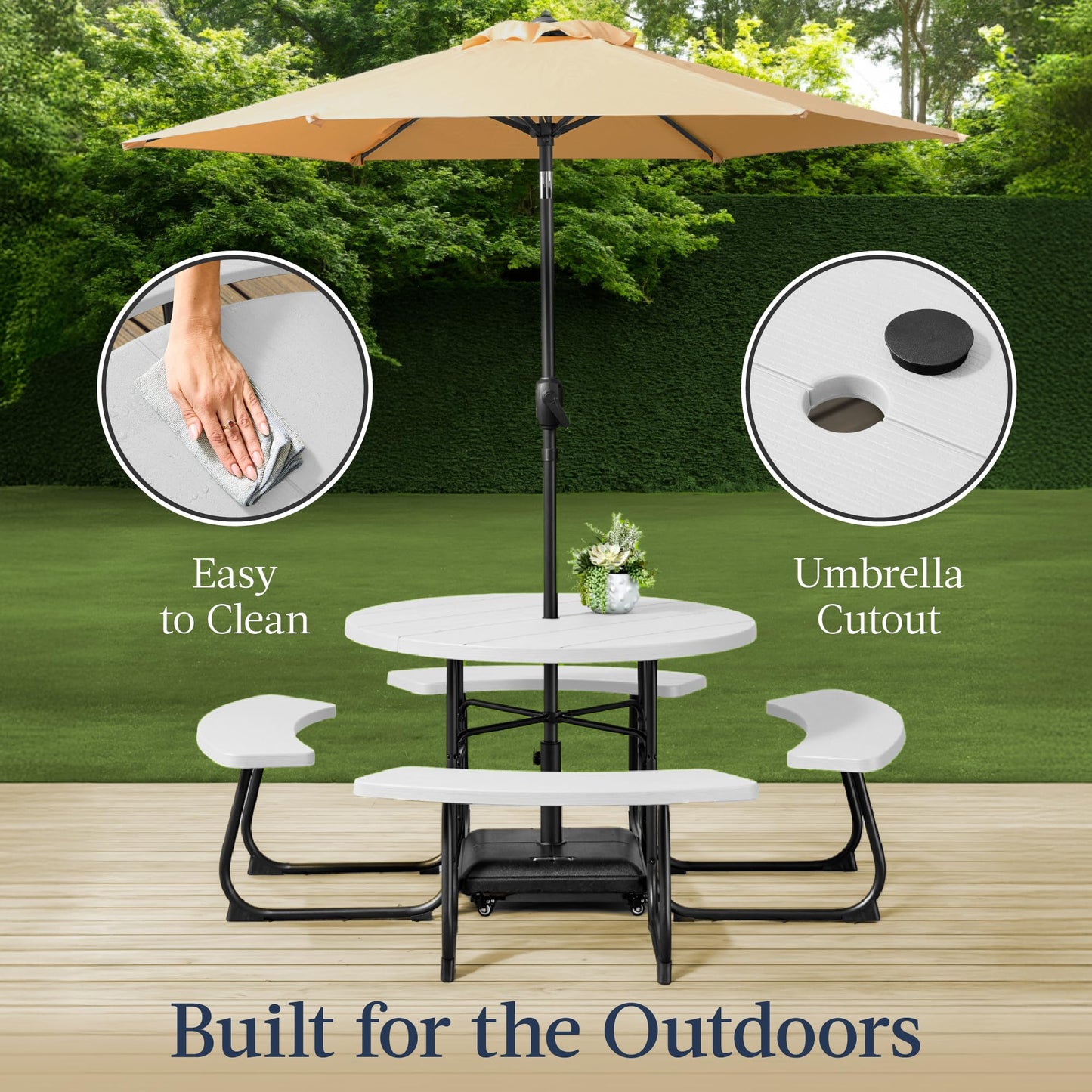 Best Choice Products 8-Person Outdoor Bench Patio Picnic Table, Circular w/ 4 Built-in Benches and Umbrella Hole, 2000lb Capacity - White