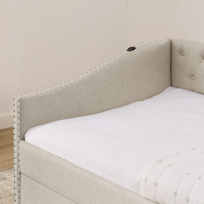 Ball & Cast Twin Size Upholstered Daybed with Pop Up Trundle & USB Port,Twin to King Daybed Frame with Button Tufted Backrest & Nailhead Trim Design, Extendable Trundle Bed,No Box Spring Neeed,Beige