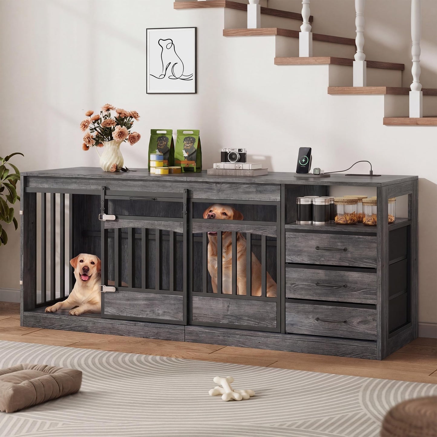 Homiflex 68.9" Large Dog Crate Furniture with 3 Storage Drawers Farmhouse Dog Kennel TV Stand Indoor for Large Medium Dogs Decorative Dog Cage with Sliding Barn Door & Power Outlet Grey