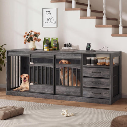 Homiflex 68.9" Large Dog Crate Furniture with 3 Storage Drawers Farmhouse Dog Kennel TV Stand Indoor for Large Medium Dogs Decorative Dog Cage with Sliding Barn Door & Power Outlet Grey