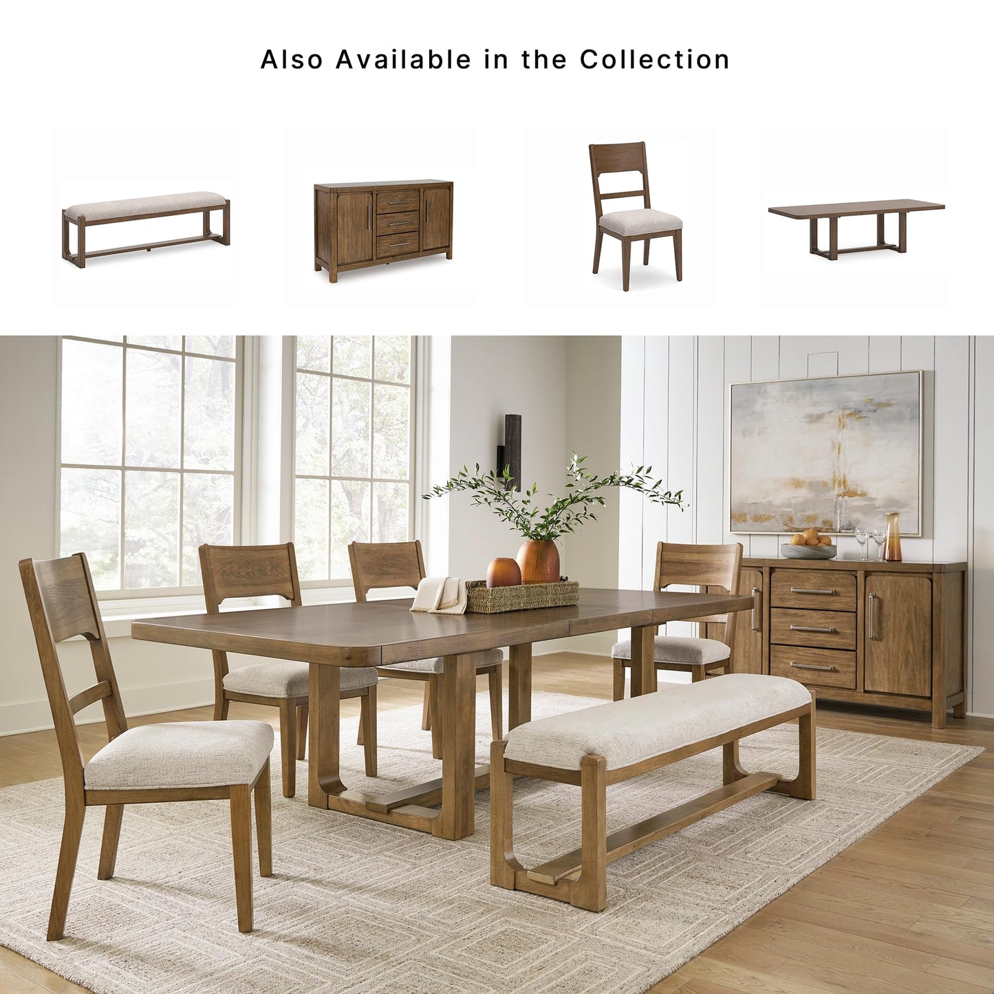 Signature Design by Ashley Cabalynn Farmhouse Upholstered Dining Bench, Foam Cushion, Hardwood Solids, 63.5" W x 16.5" D x 19.75" H, Beige & Light Brown