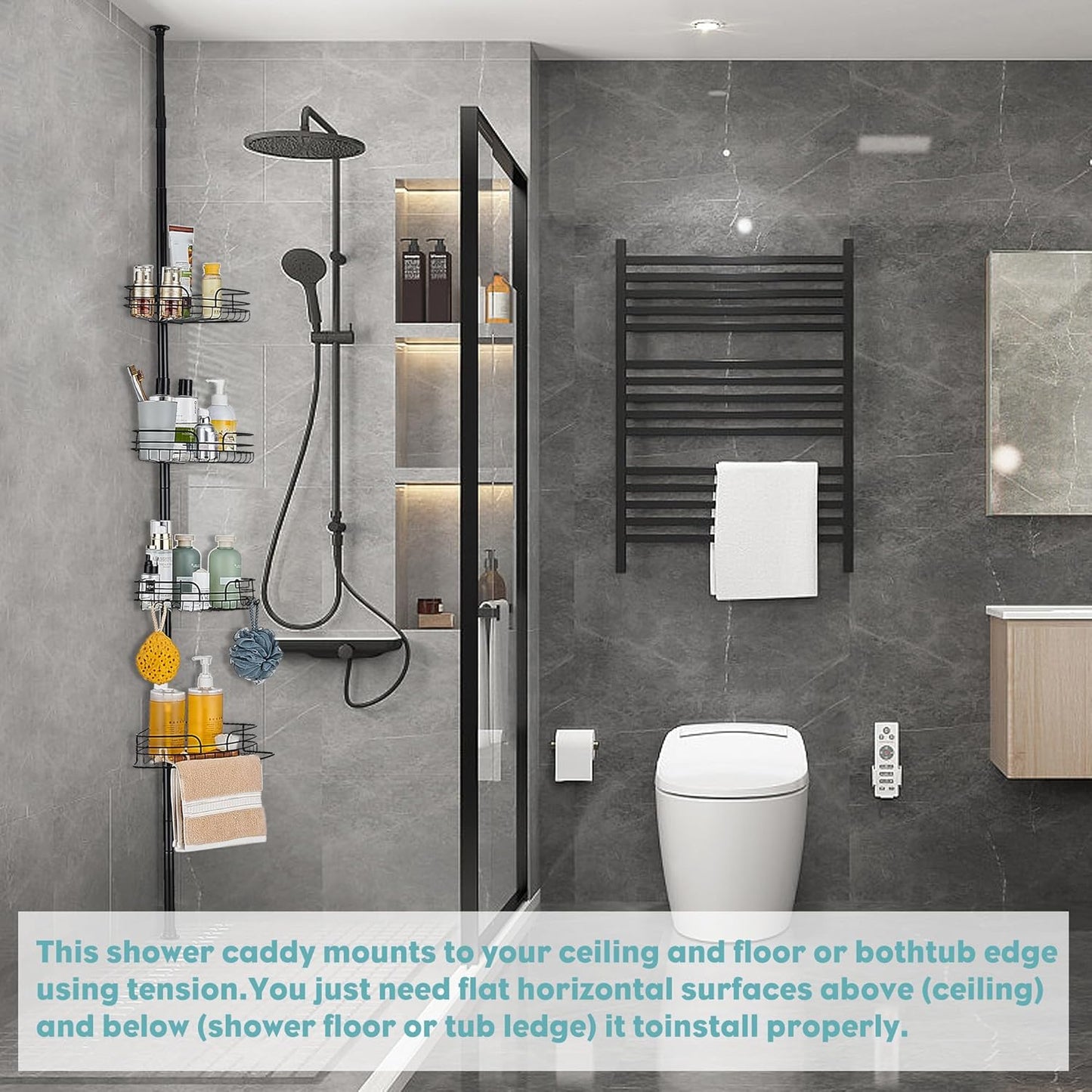 4 28.7 104.7 Inches WPT Black Shower Caddy Tension Pole for Bathroom, Stainless Steel Corner Shower Caddy Organizer