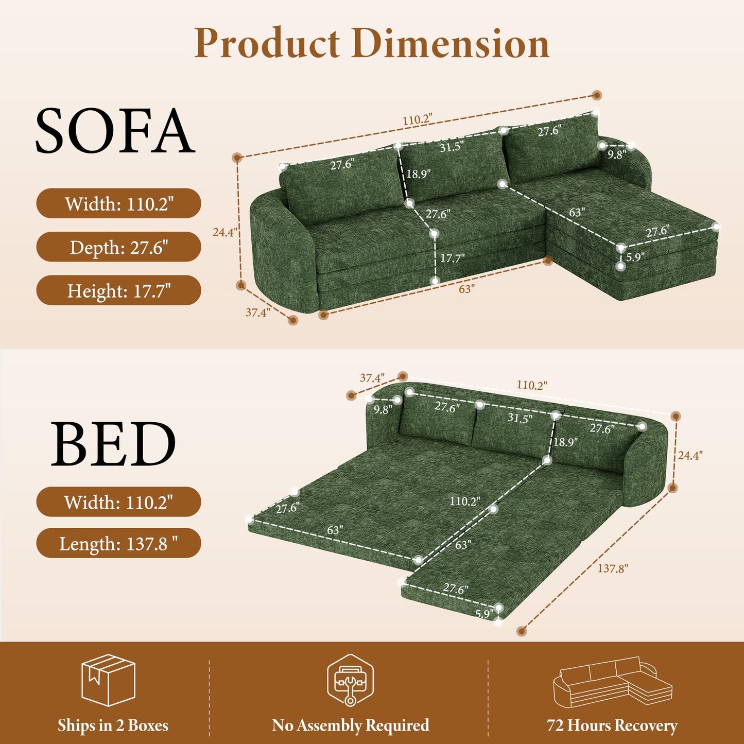 Vesgantti 110.2" Boneless Sectional Couch with Curved Armrest, 6 in 1 Convertible Folding Sleeper Sofa Bed, Chenille Modular Sofa for Living Room, No Assembly Required, Green, Right Facing Chaise