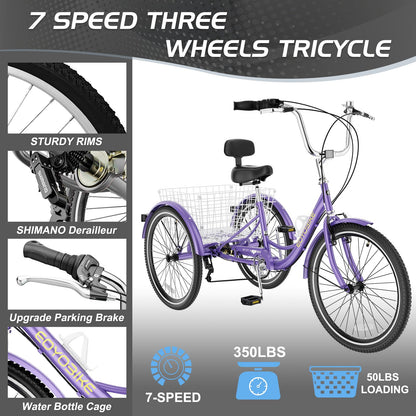 EOYOBIKE Adult Tricycle 3-Wheel Cruiser Bike, Low Step-Through, Heavy-Duty Comfort Trike with Adjustable Handlebar & Spring Saddle, Large Rear Basket, for Seniors & Adults (Amethyst Dusk, 26" Tire)