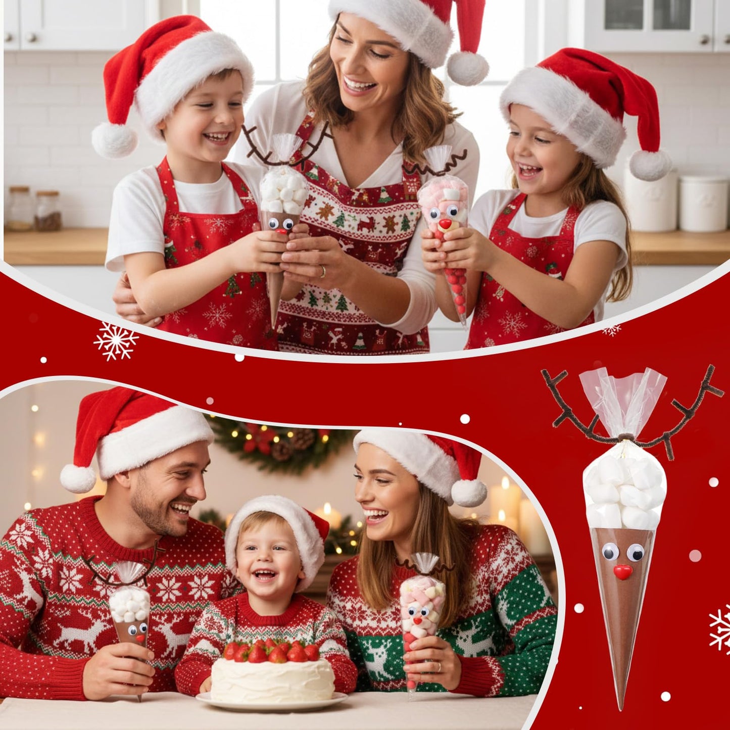 Resholder 300 Pcs Christmas Reindeer Cone Cellophane Bags Kit DIY 7.1x14.6 Inch Clear Cone Shaped Treat Bag with Pipe Cleaner Wiggle Eyes Nose for Popcorn Cotton Candy Goodie Cookie Party Favor