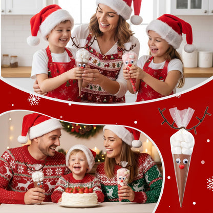 Resholder 300 Pcs Christmas Reindeer Cone Cellophane Bags Kit DIY 7.1x14.6 Inch Clear Cone Shaped Treat Bag with Pipe Cleaner Wiggle Eyes Nose for Popcorn Cotton Candy Goodie Cookie Party Favor