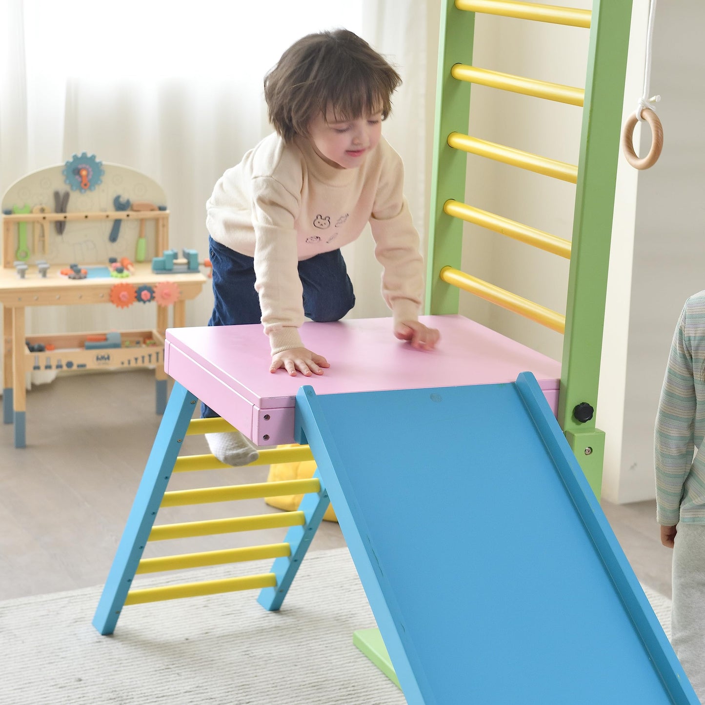 Avenlur Grove 9-in-1 Indoor Jungle Gym Playground: Montessori Waldorf Style Wood PlaySet for Kids, and Toddlers Features Monkey Bars, Rope Wall Net, Ladder, Climber, Slide, Ring Set. Ages 2-11yrs