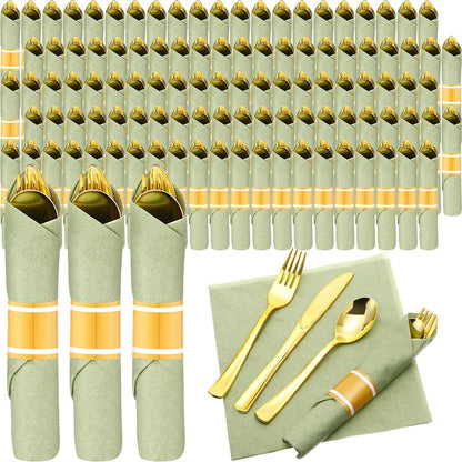 Zubebe 100 Pack Pre Rolled Silverware Set Disposable Wrapped Plastic Cutlery Set with Napkin Disposable Utensils Includes Forks Knives Spoons Napkins Wrapped for Party Dinners Wedding(Gold, Green)