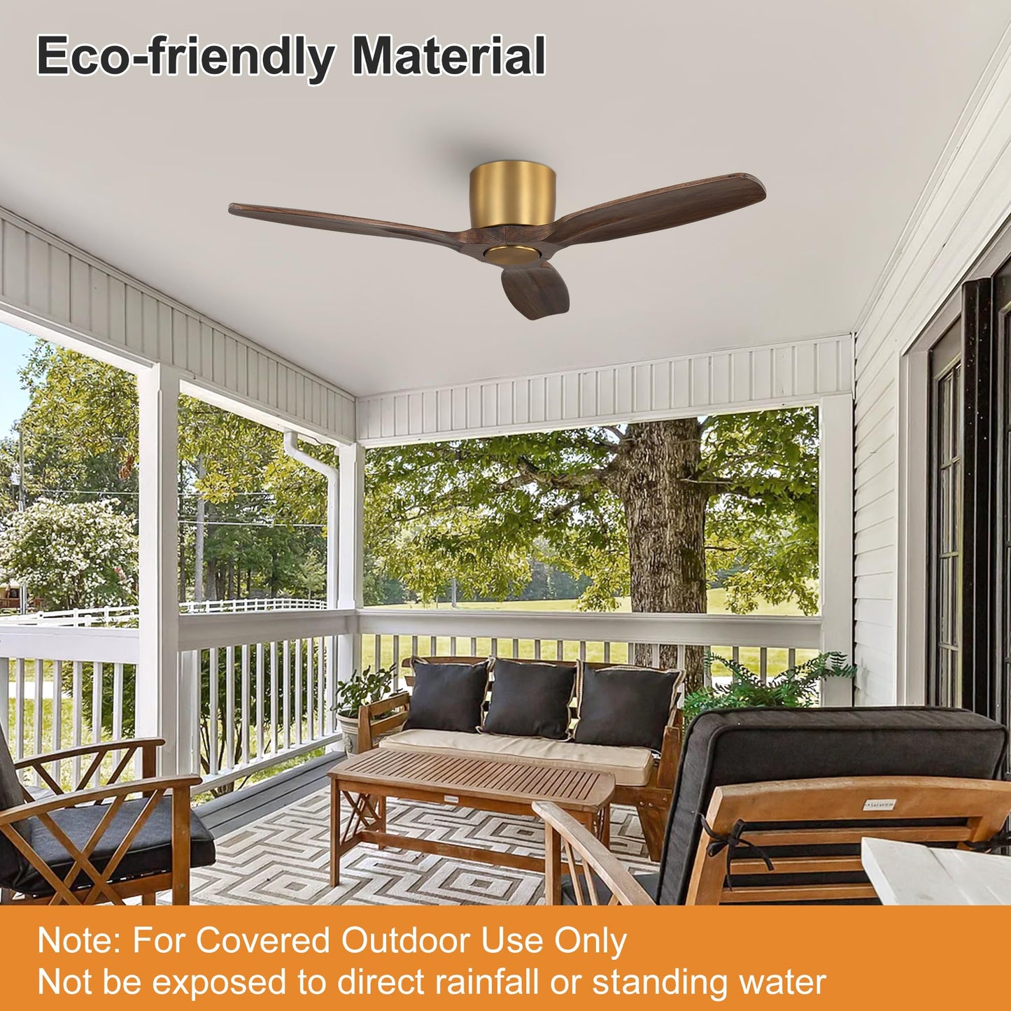 WINGBO 48" Flush Mount Ceiling Fan No Light - 3 Carved Solid Wood Blades, 6-Speed Reversible DC Motor, Dimmable, 3CCT, Low Profile Ceiling Fans without Lights for Bedroom Living Room, Gold and Walnut